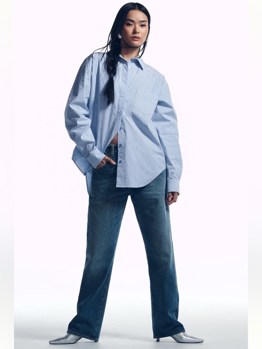 Anthropologie Good American Crystal Poplin Button Down Shirt